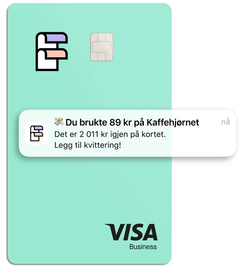 Folio-kortet og en push-melding som sier «Du brukte 89 kr på Kaffehjørnet»